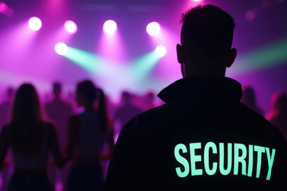 Security guard wathcing over a nightclub and people on teh dancelfoor